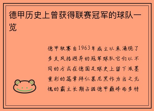 德甲历史上曾获得联赛冠军的球队一览