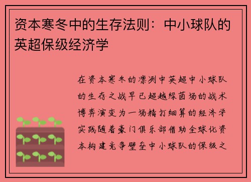 资本寒冬中的生存法则：中小球队的英超保级经济学