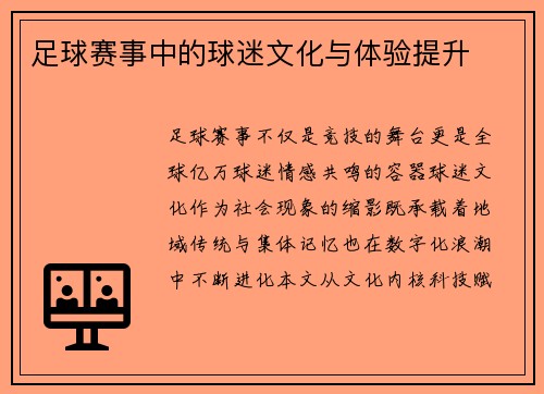 足球赛事中的球迷文化与体验提升