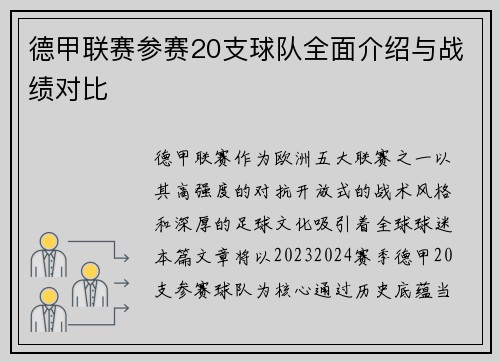 德甲联赛参赛20支球队全面介绍与战绩对比